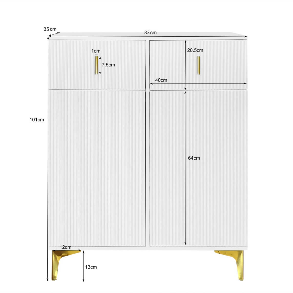 Modern Sideboard Cabinet and Shoe Storage Unit with Drawers - Adjustable Shelves, Decorative Panels and Gold Effect Accents