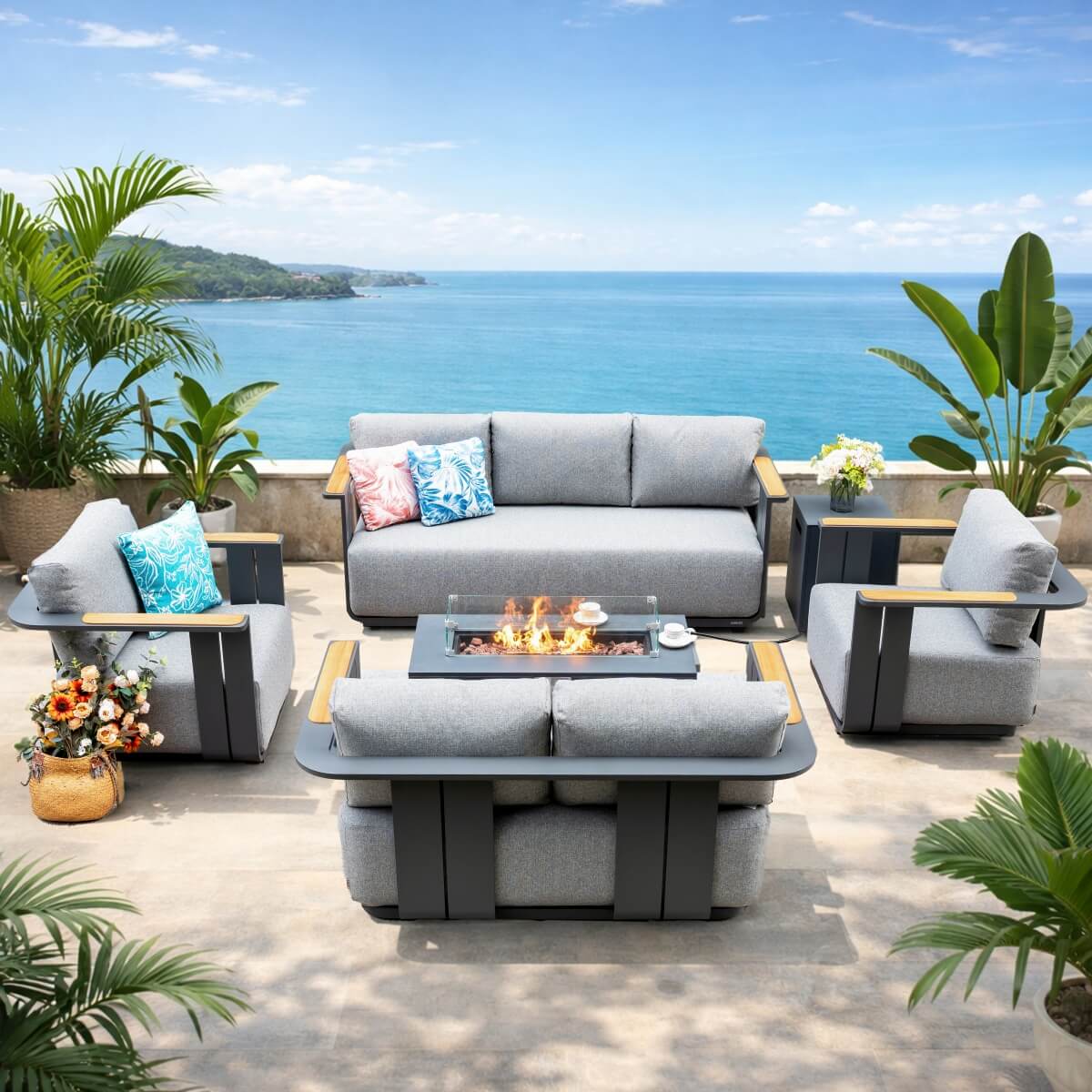 VAREL 5-Piece Sofa Set with ZENITH Fire Pit Table (Full Set)