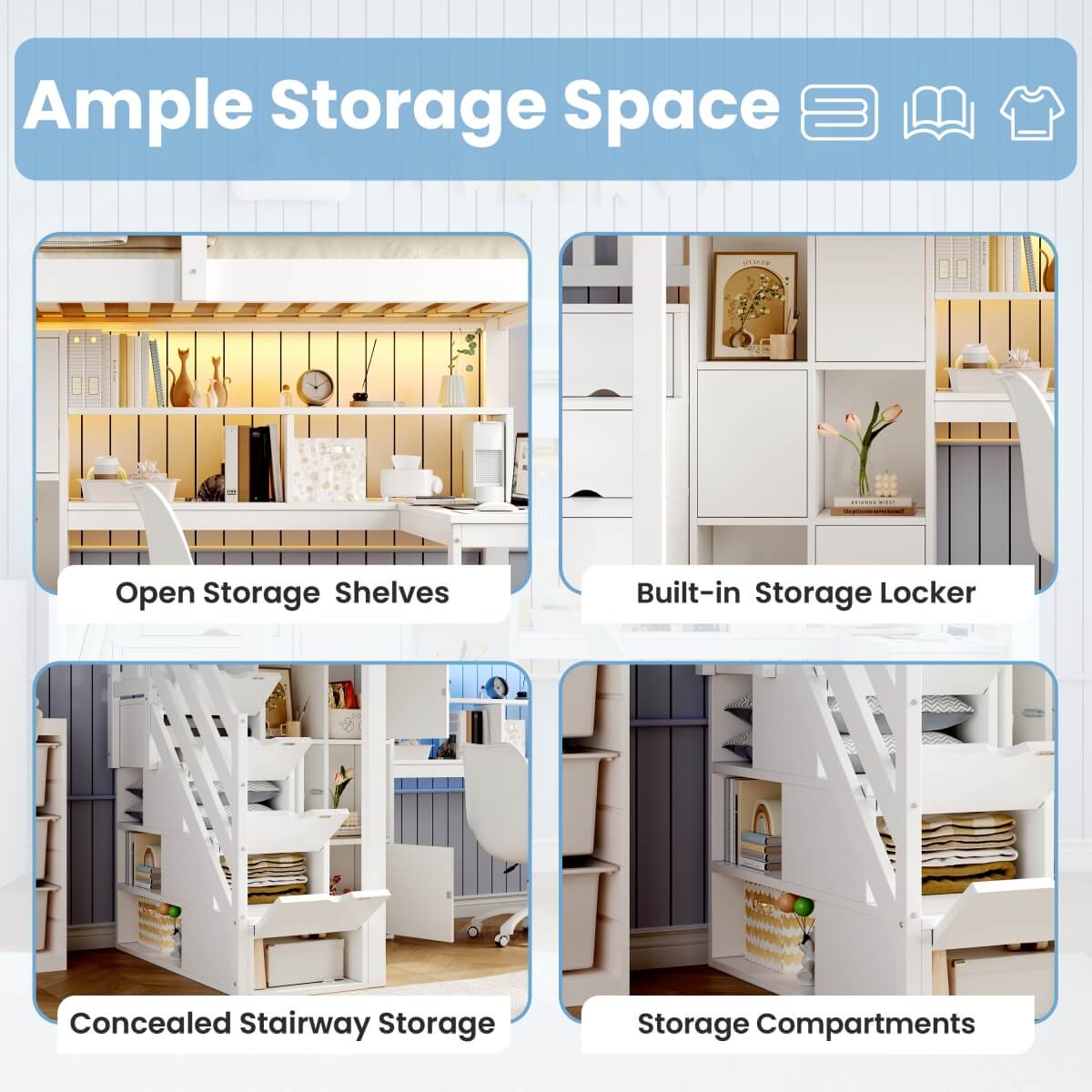 3ft Single Wooden Loft Bed with L-Shaped Desk - Kids Bed Frame with Storage Stairs, RGB LED Lights, Open Shelves and Built-In Storage Cabinet, Space-Saving Design, White