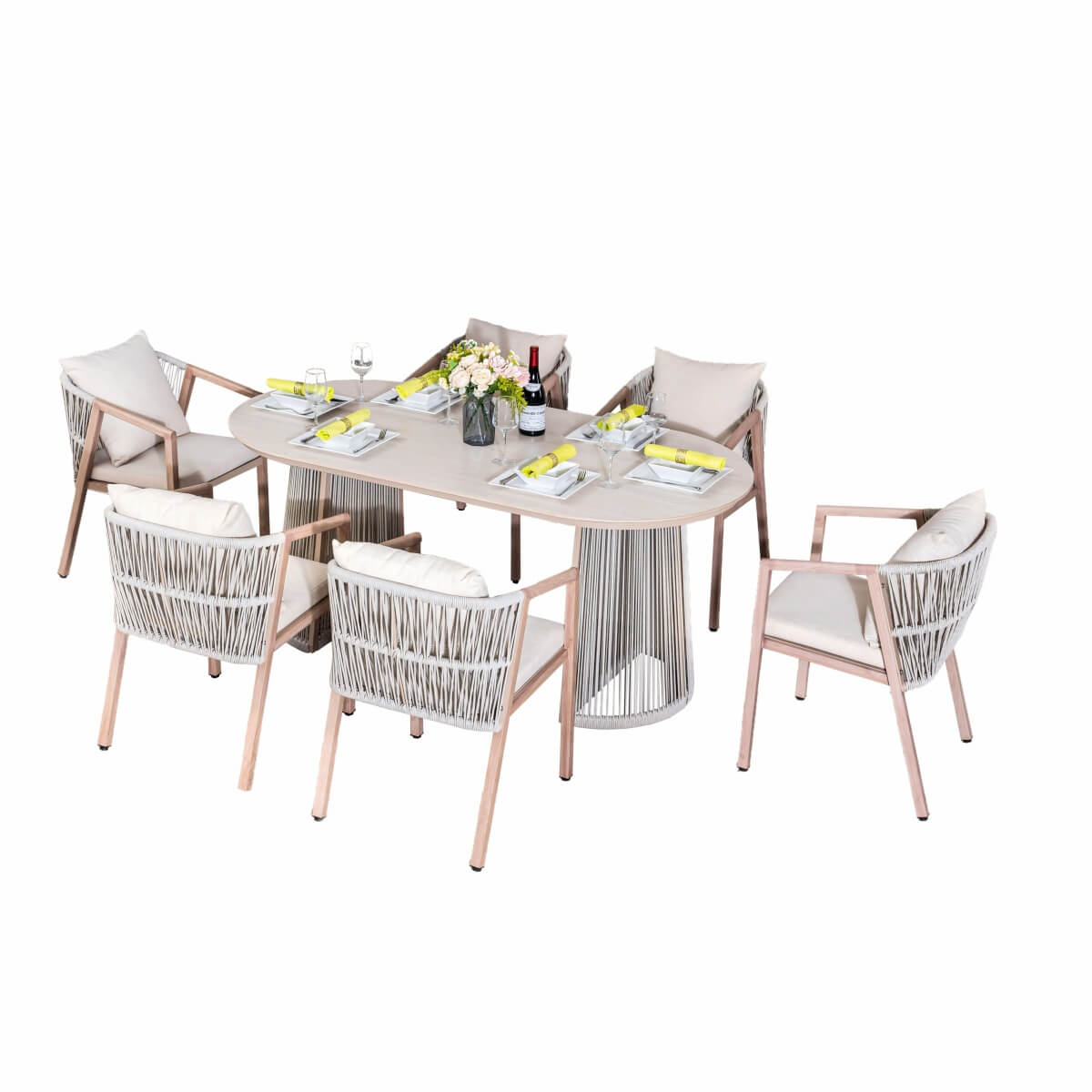 6-Seater Garden Dining Set - Metal Frame, Wood-Effect Table & Chairs