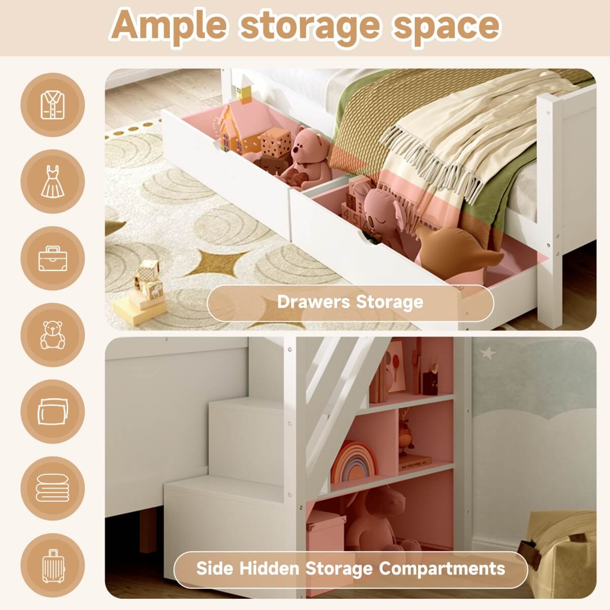 Wooden Bunk Bed with Storage Drawers and Stairs - Kids Loft Bed Frame with Guardrails, White