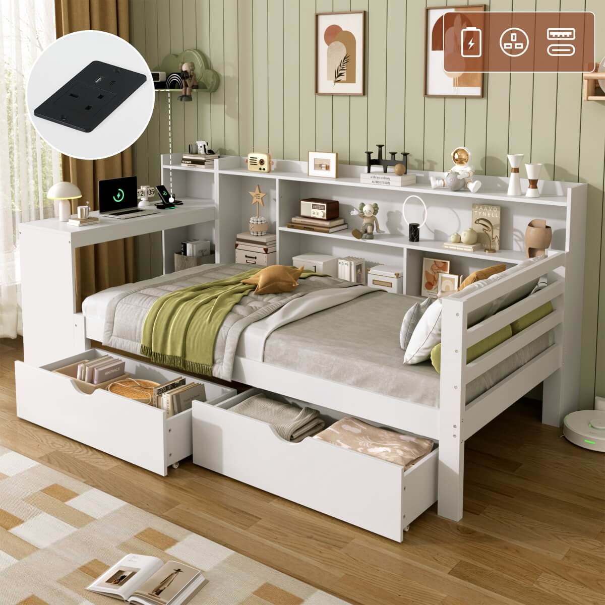 3ft Single Bed Frame with Storage Drawers & Bookcase Headboard - Modern Wooden Bed with Charging Station & Integrated Desk, White