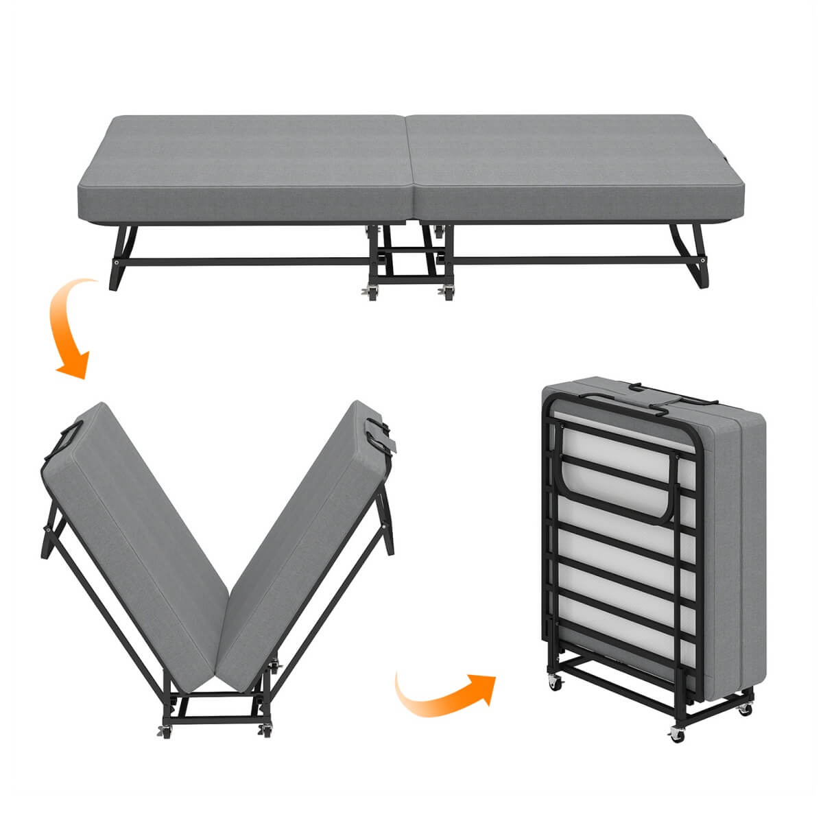 Folding Single Bed with Wheels - Portable Guest Bed with 6cm Memory Foam Mattress & Sturdy Metal Frame