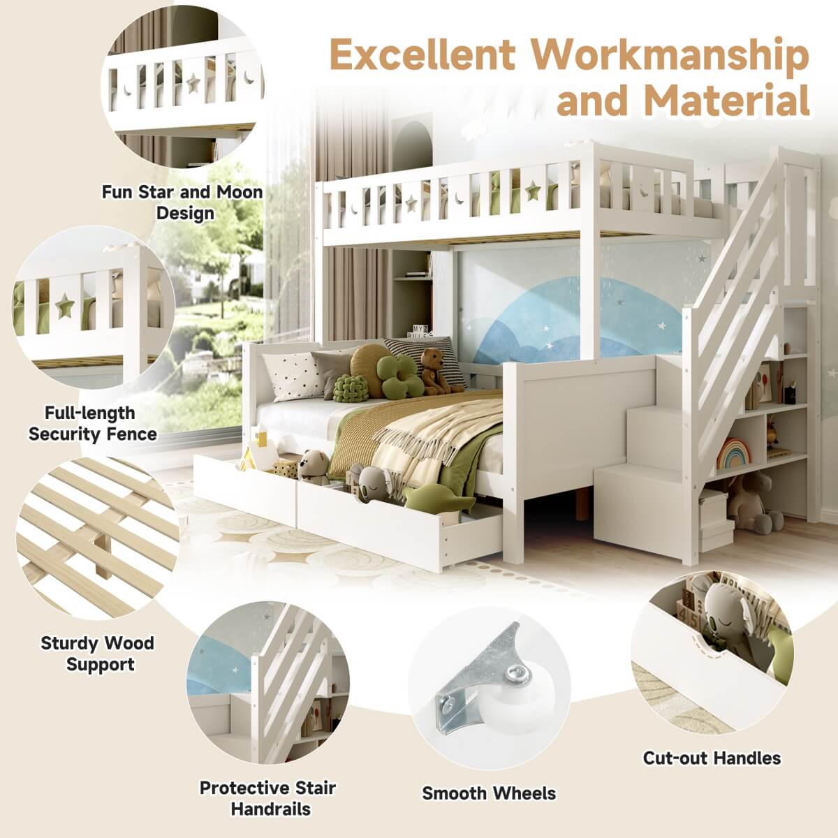 Wooden Bunk Bed with Storage Drawers and Stairs - Kids Loft Bed Frame with Guardrails, White