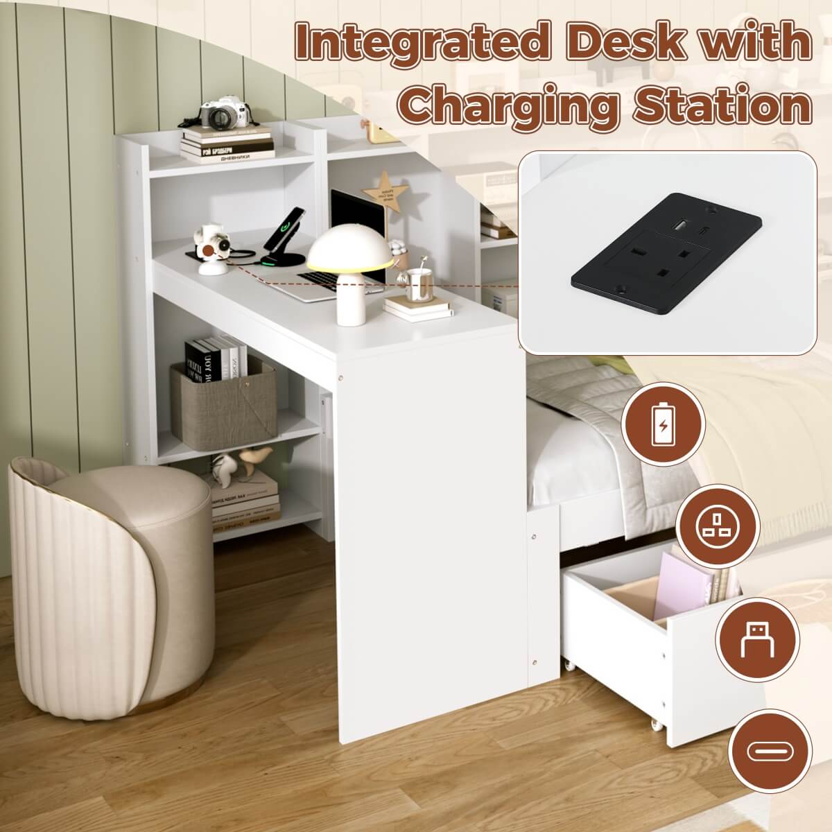 3ft Single Bed Frame with Storage Drawers & Bookcase Headboard - Modern Wooden Bed with Charging Station & Integrated Desk, White