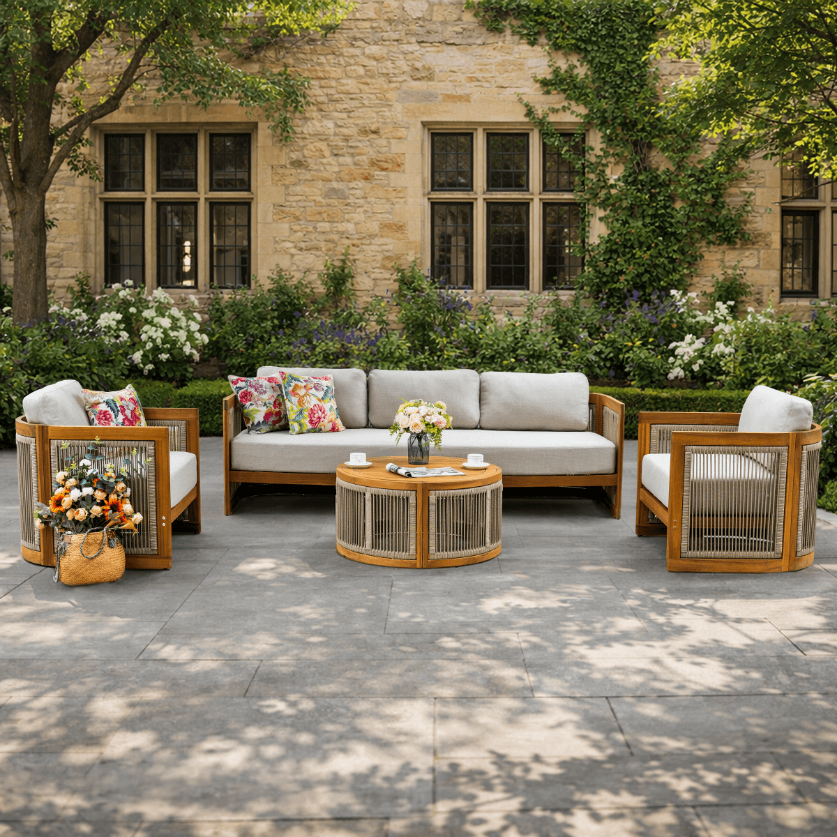 CAVEN 5-Seater Solid Wood Garden Sofa Set - 4-Piece Outdoor Sofa Set with Cushions