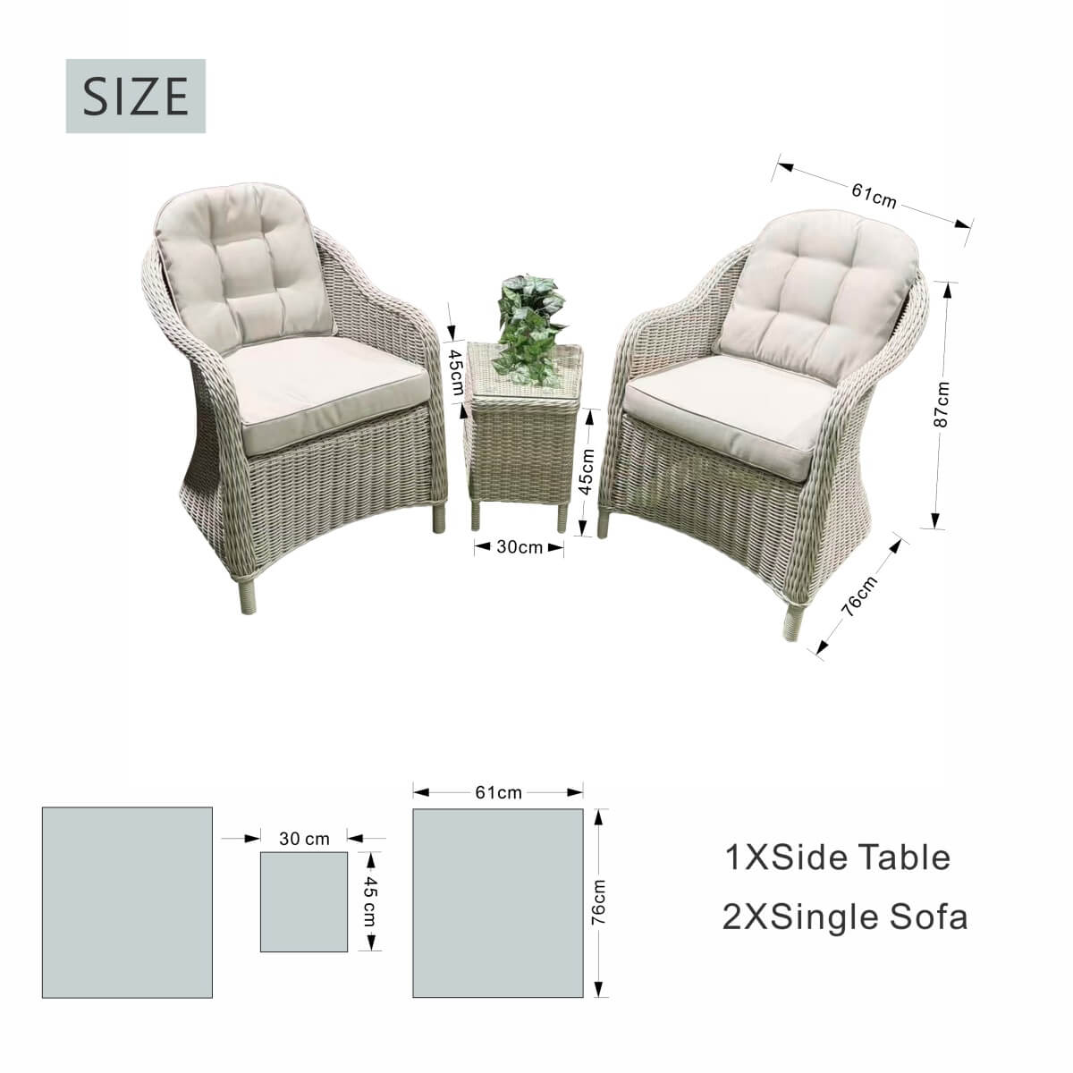 Outdoor Rattan Bistro Set - 2-Seater Sofa with Coffee Table, Grey