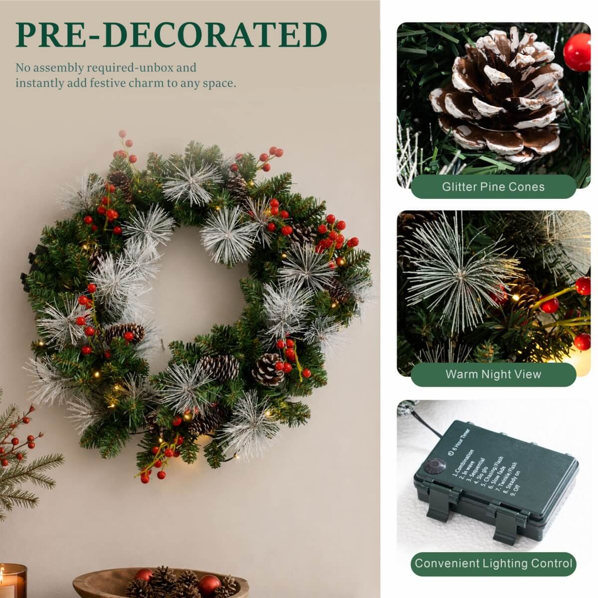 PVC & PE Christmas Garland with Red Berries & Pine Cones - Realistic Evergreen Foliage