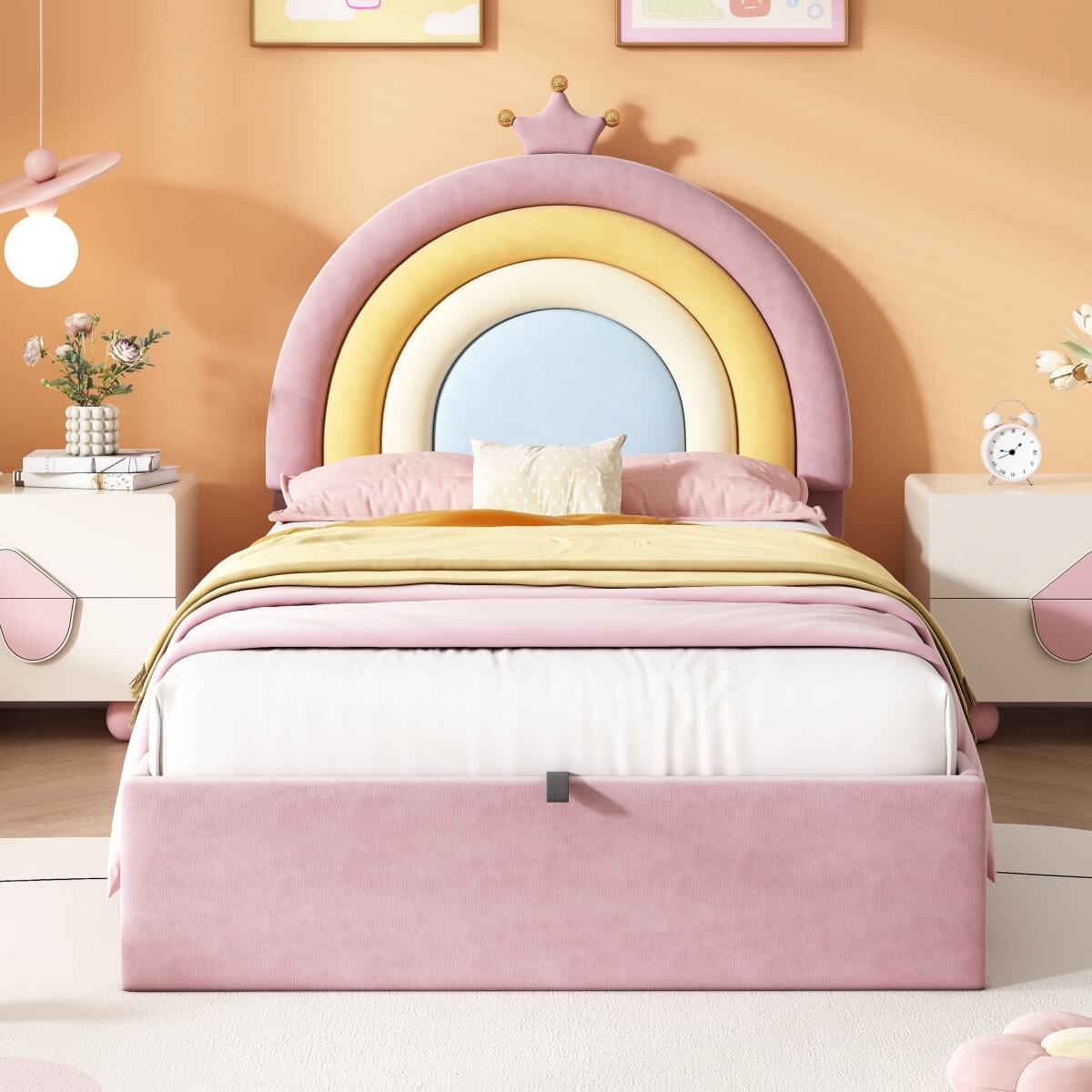 3ft Single Upholstered Storage Bed - Velvet Hydraulic Bed Frame with Rainbow Crown Headboard, Pink