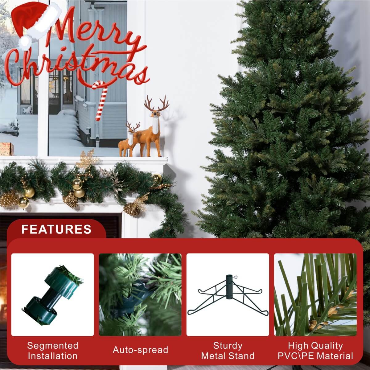 Realistic Full Green PE & PVC Artificial Christmas Tree - Lush Mixed-Foliage Xmas Tree for Festive Home Decoration, 6.5ft/7.5ft/8.5ft