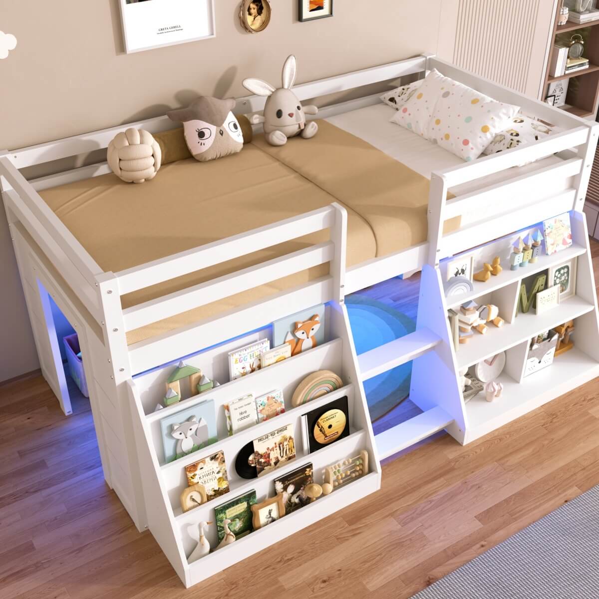 3ft Single Wooden Loft Bed with Stairs - LED Light, Bookcase & Storage Shelves, Underbed Play Space, Safety Guardrail, White