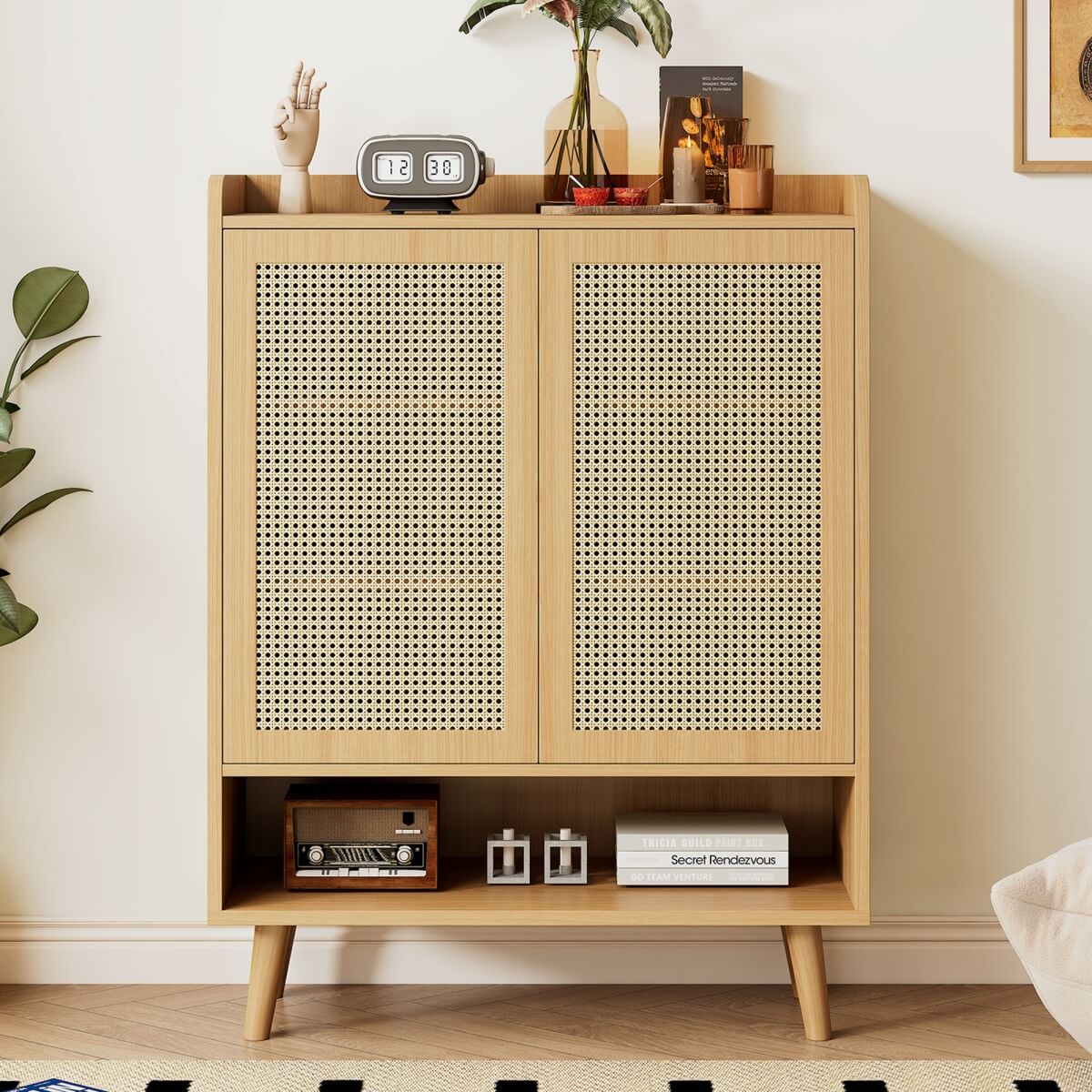 Natural Rattan Shoe Storage Cabinet - 5 Tier Freestanding Hallway Shoe Cupboard for Boots & Heels