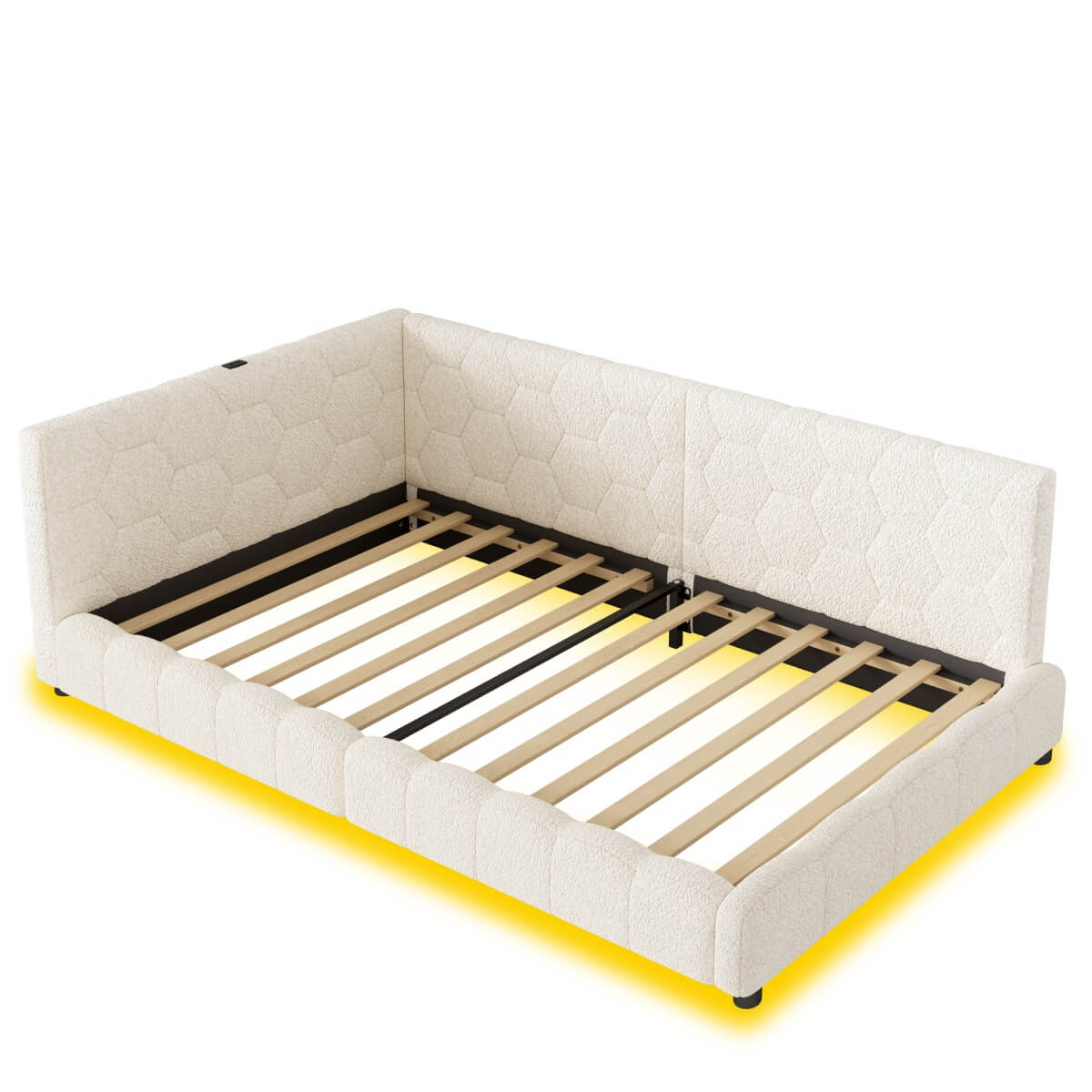 3ft Single Boucle Bed Frame - Reversible Design with RGB LED Lights, USB and Type-C Charging, Beige