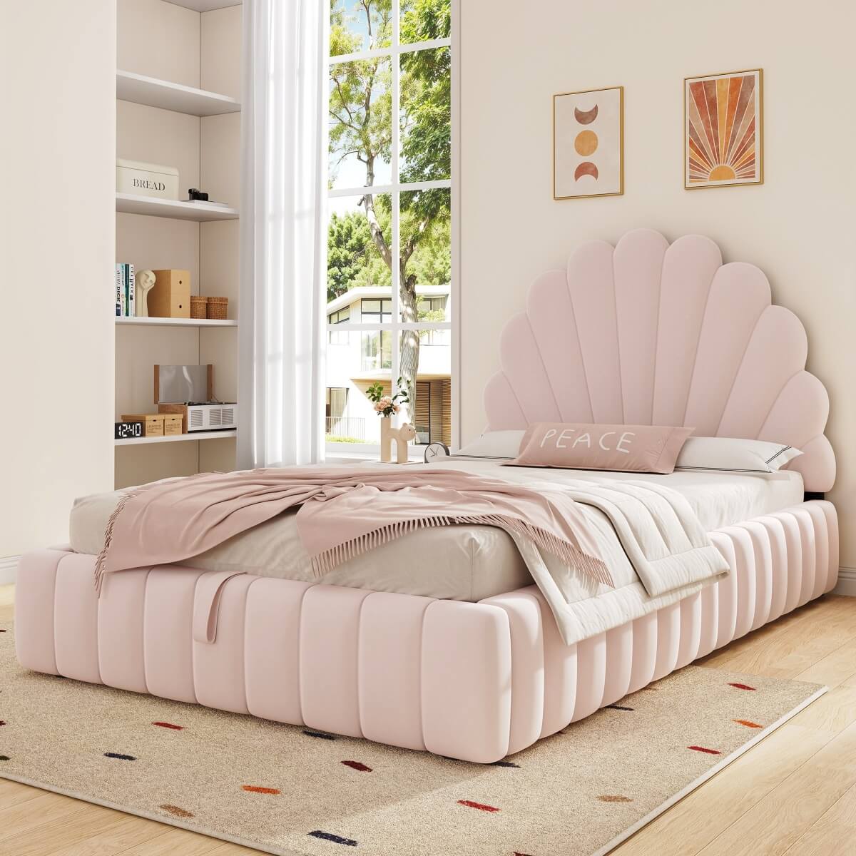 3ft Single Kids Storage Bed - Velvet Princess Bed with Shell-Shaped Padded Headboard & Hydraulic Lift-Up Storage, Pink