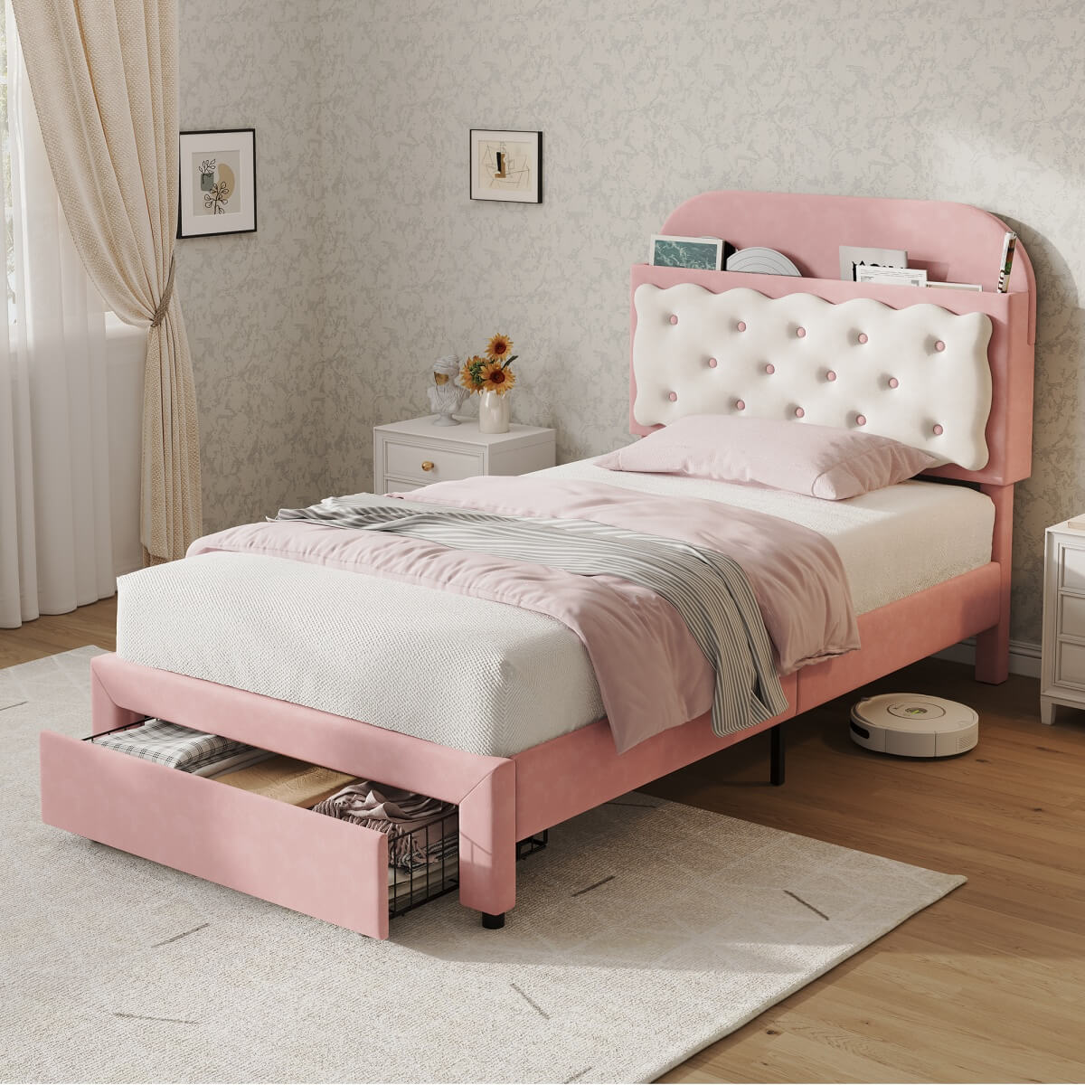 3ft Single Velvet Bed Frame - Cookie Shaped Headboard with Storage Drawer