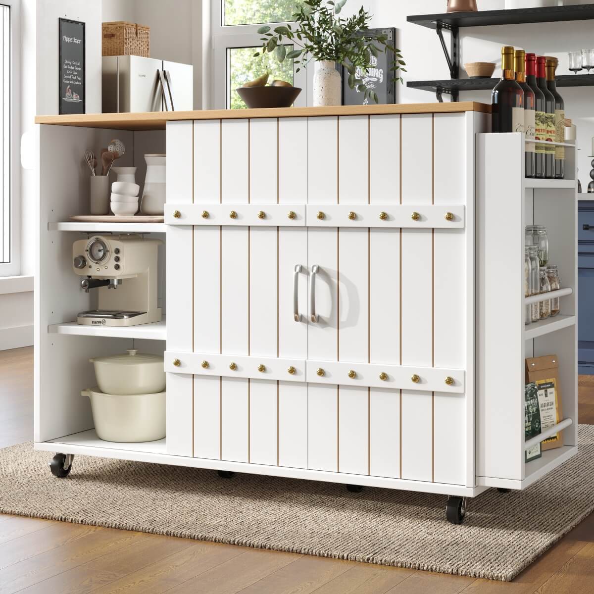 Kitchen Trolley with Worktop – Mobile Kitchen Cabinet with Storage & Sliding Doors