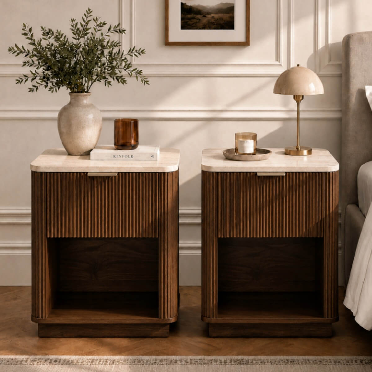 Set of 2 Modern Fluted Bedside Tables - Walnut Effect with Travertine Effect Tops, Drawer and Open Shelf