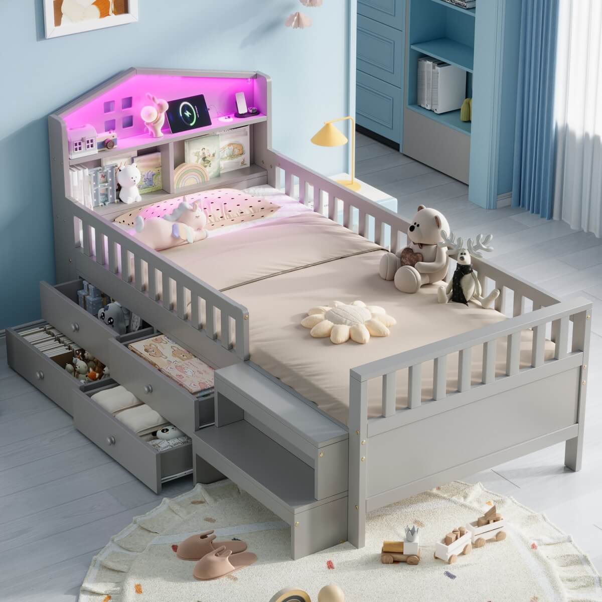 3ft Single Wooden Storage Bed with LED Headboard, Drawers & USB Charging, Grey