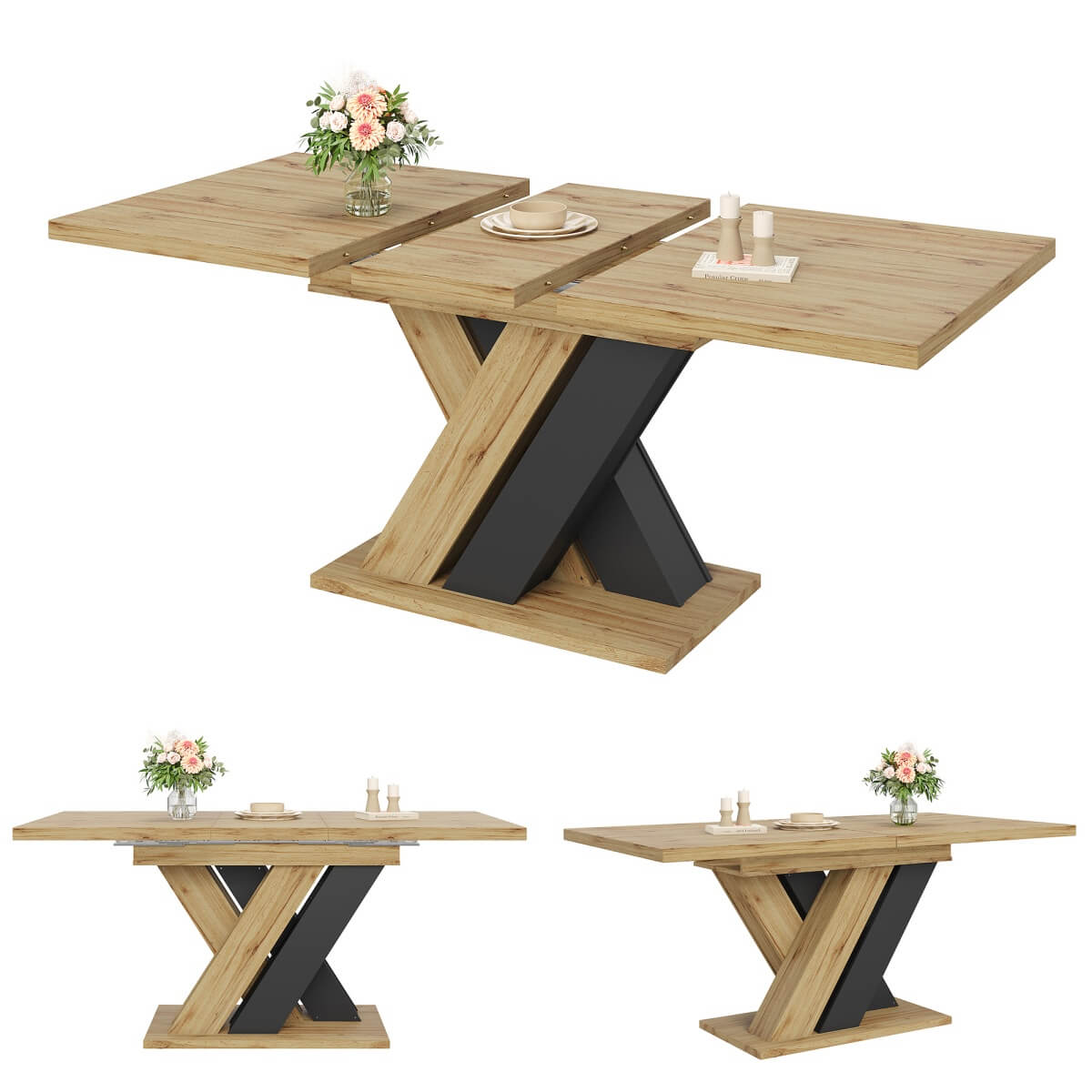 Extendable Wood-Coloured Dining Table with X-Shaped Legs – Telescopic Kitchen & Living Room Table