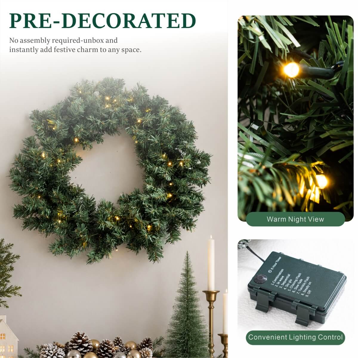 Pre-Lit Artificial Christmas Wreath - Realistic PVC Foliage Wreath with Warm White LED Lights for Door & Home Decoration