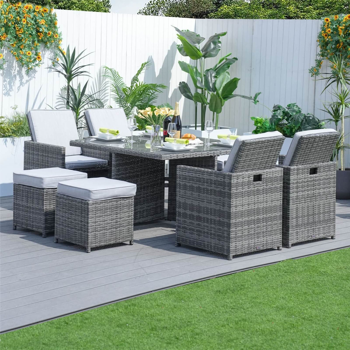 8 Seater Aluminium Rattan Dining Set – Outdoor Garden Table with 4 Chairs and 4 Footstools