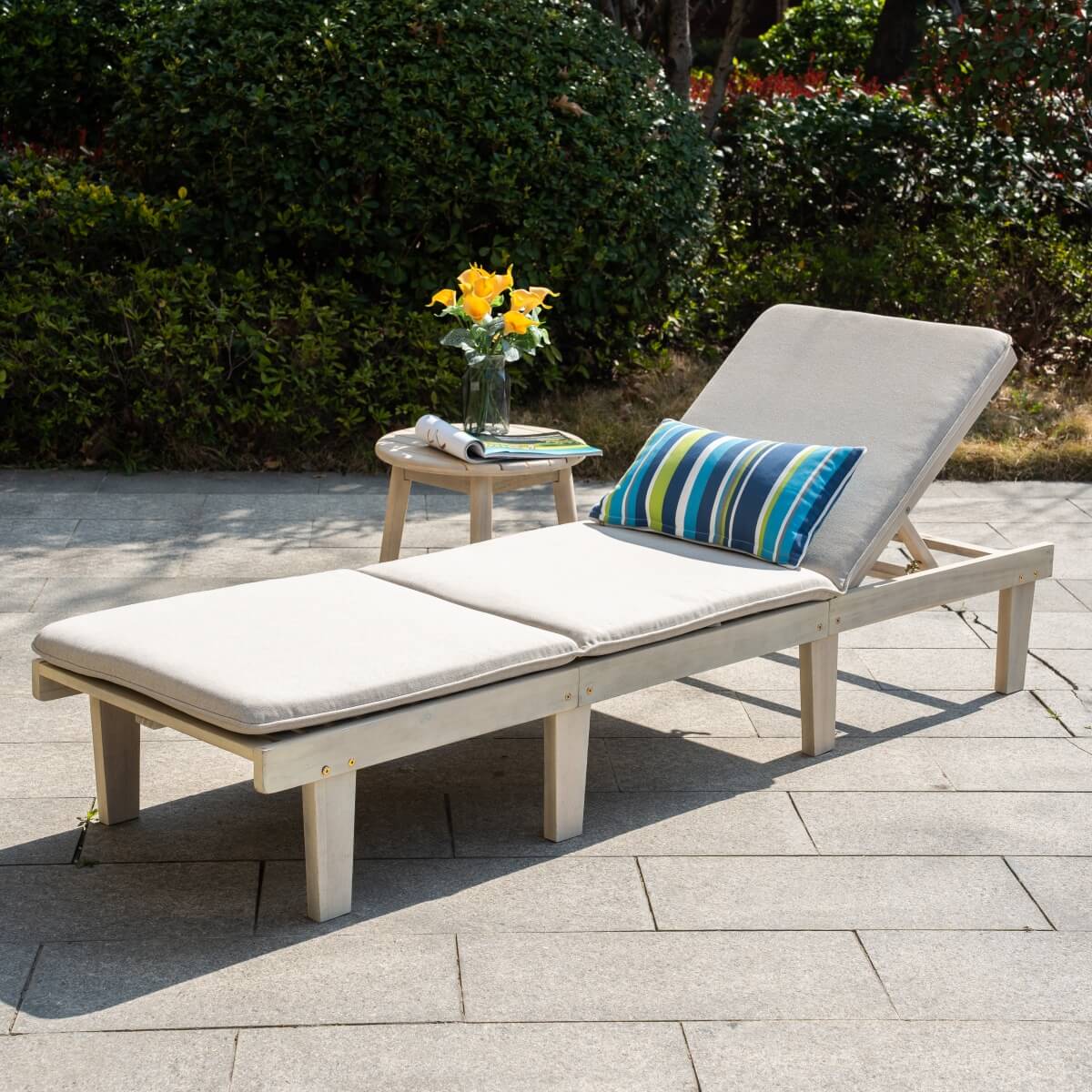 Wooden Garden Sun Lounger Set - Adjustable Backrest with Side Table