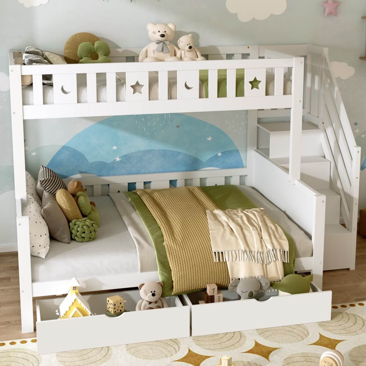 Wooden Bunk Bed with Storage Drawers and Stairs - Kids Loft Bed Frame with Guardrails, White