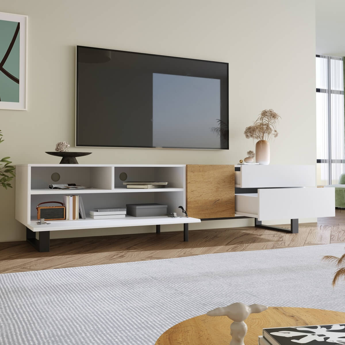 180cm TV Unit with Storage - Modern White & Wood Effect Media Cabinet