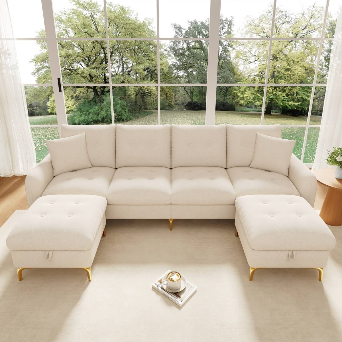 4 Seater U-Shaped Modular Sofa Bed with Storage Ottomans - Sleeper Sofa with 2 Storage Footstools and 2 Decorative Cushions, Beige