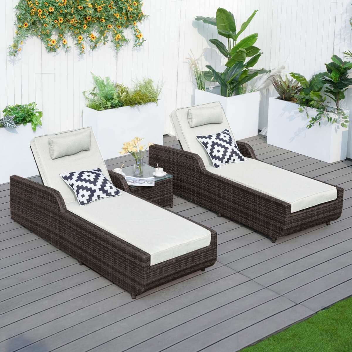 3 Piece Outdoor Rattan Sun Lounger Set with Side Table - Garden Sun Loungers