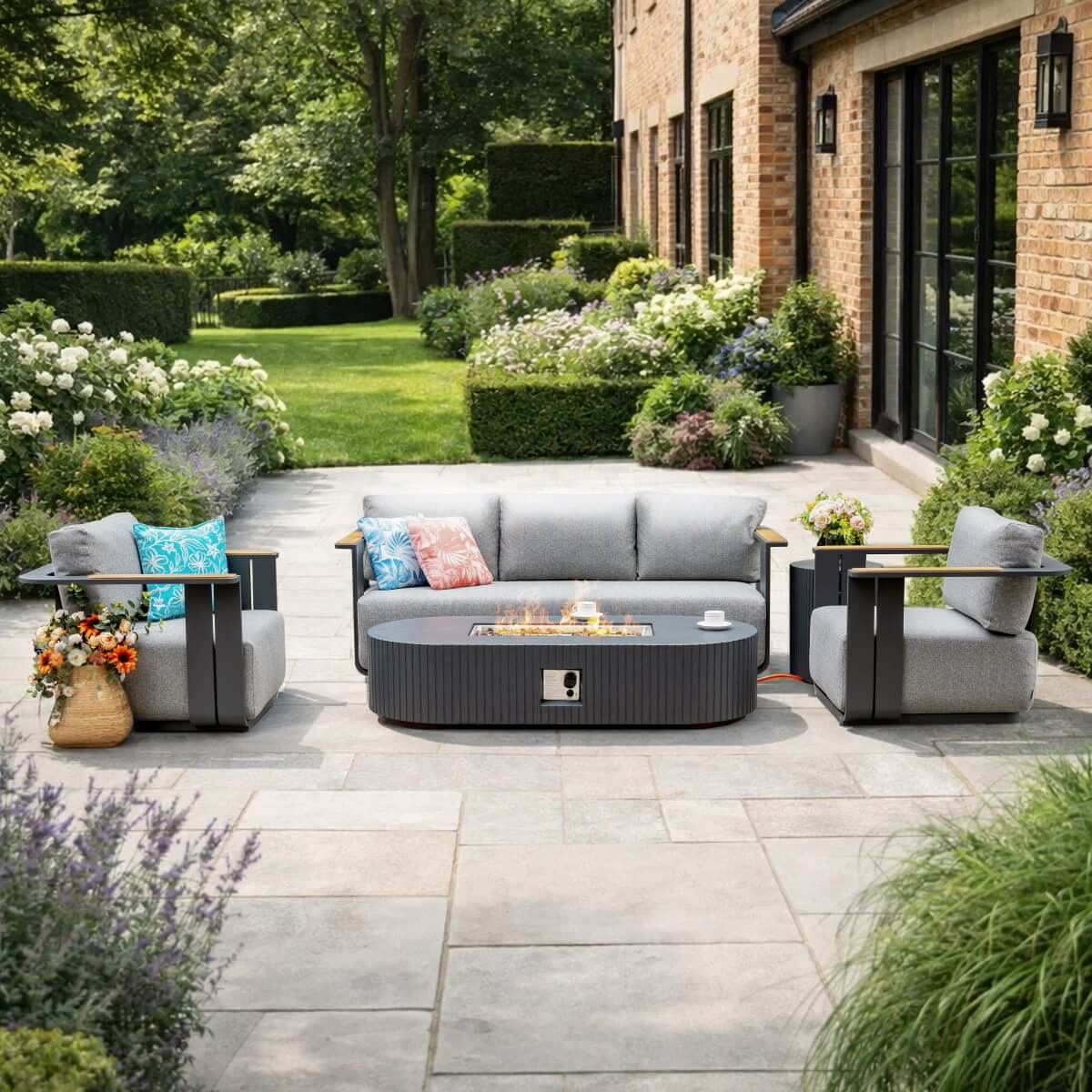 VAREL 4-Piece Sofa Set with LYRIN Fire Pit Table (2 Armchairs + 3-Seater)