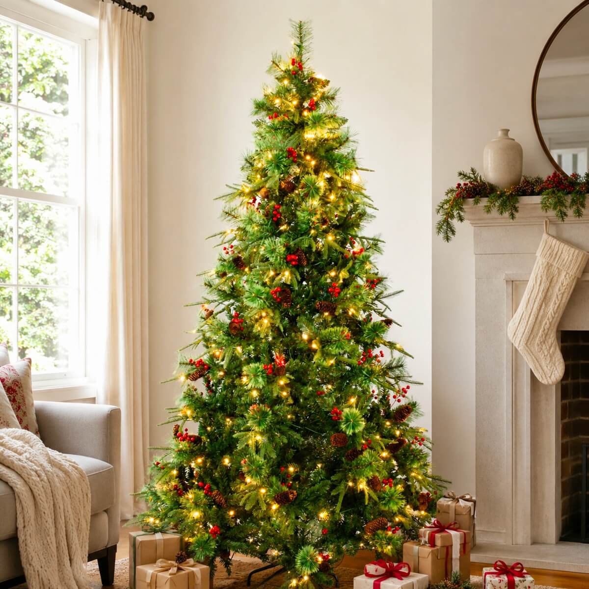 Realistic Green Artificial Christmas Tree with Pine Cones & Red Berries - Pre-Lit Warm White LED PVC Xmas Tree, Easy Setup, 5ft/6ft/7ft