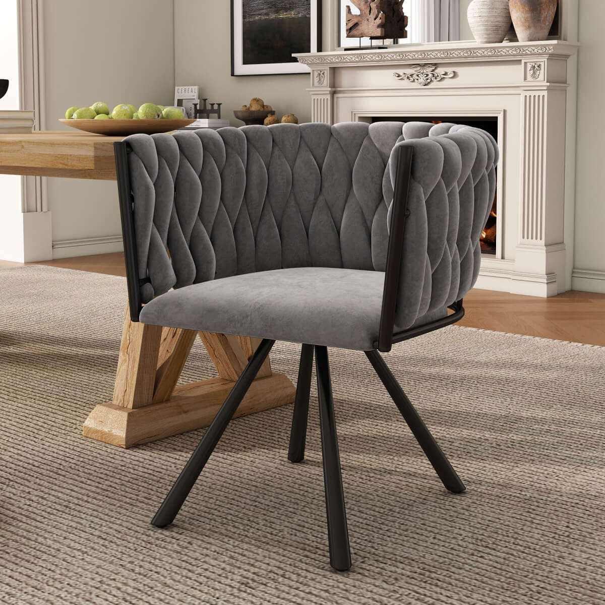 Velvet Swivel Dining Chair - Upholstered Chair with 4 Metal Legs for Kitchen & Dining Room, Grey