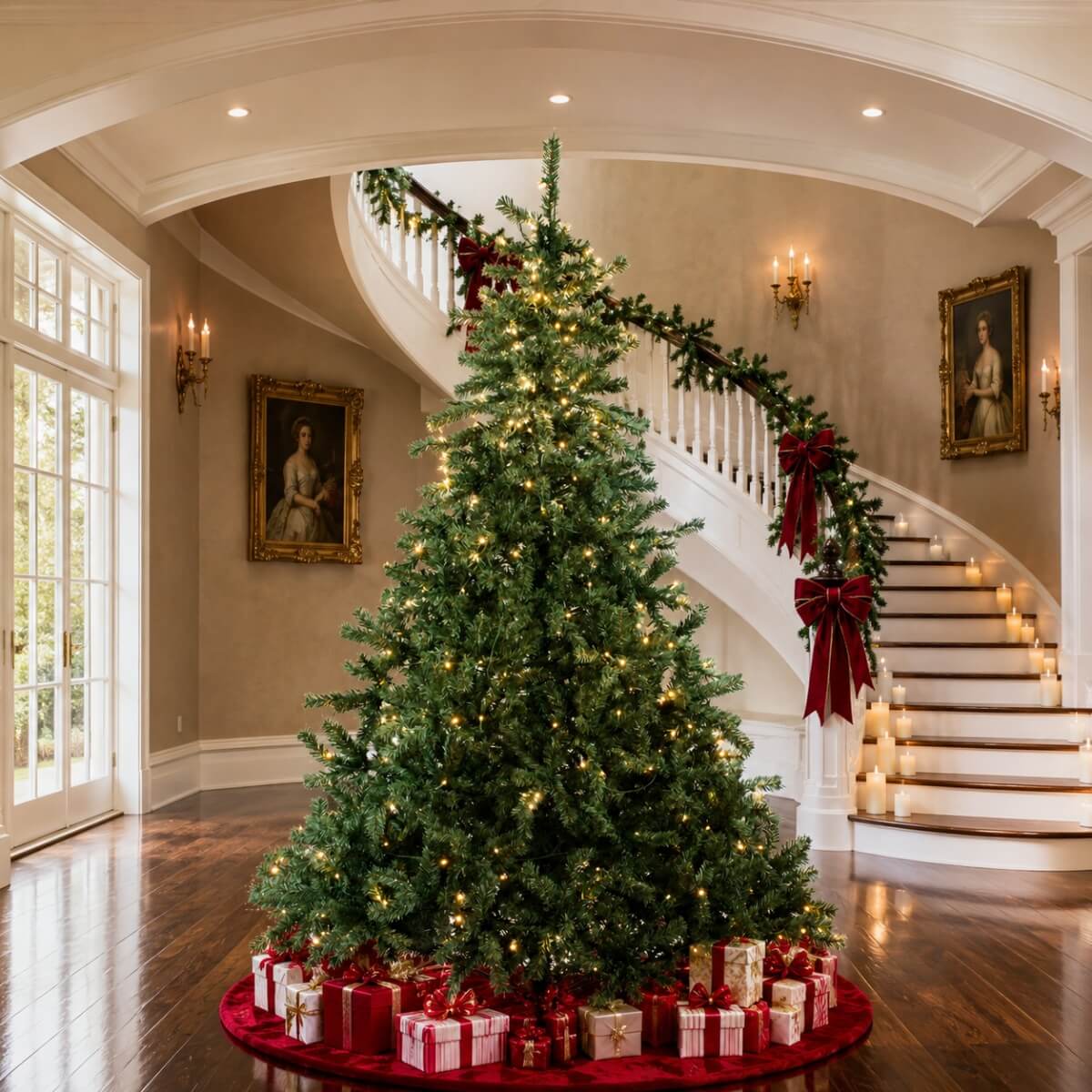 Realistic Full Green Artificial Christmas Tree - PVC Xmas Tree with Pre-Lit Warm White LED Lights, Easy Setup & Indoor Festive Decoration, 6ft/7ft/8ft