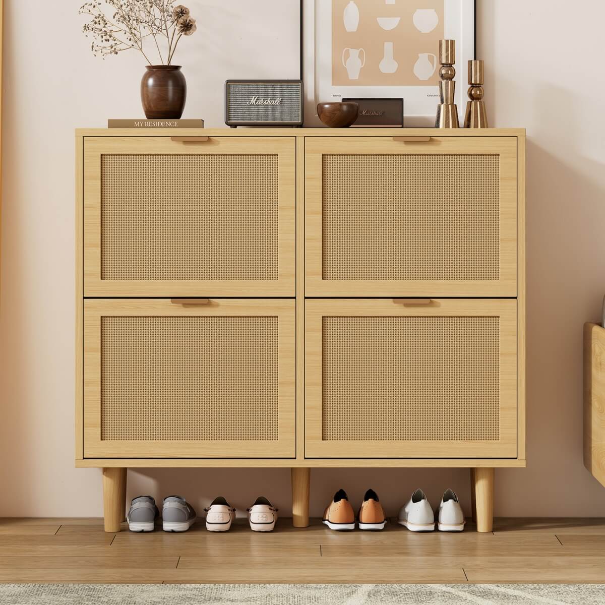 Rattan Shoe Storage Cabinet with 4 Flip Drawers - Wooden Hallway Shoe Organiser, Light Oak