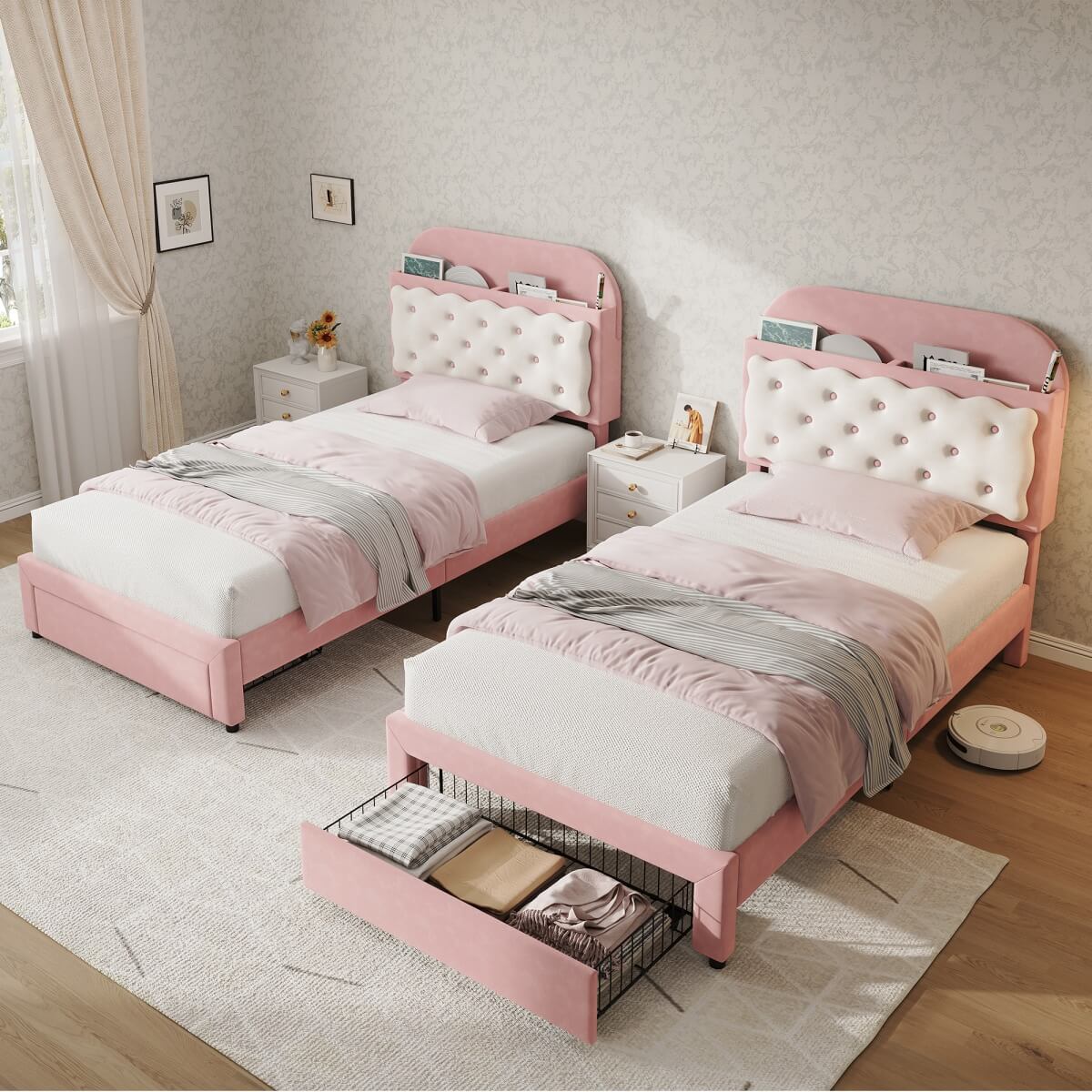 3ft Single Velvet Bed Frame - Cookie Shaped Headboard with Storage Drawer