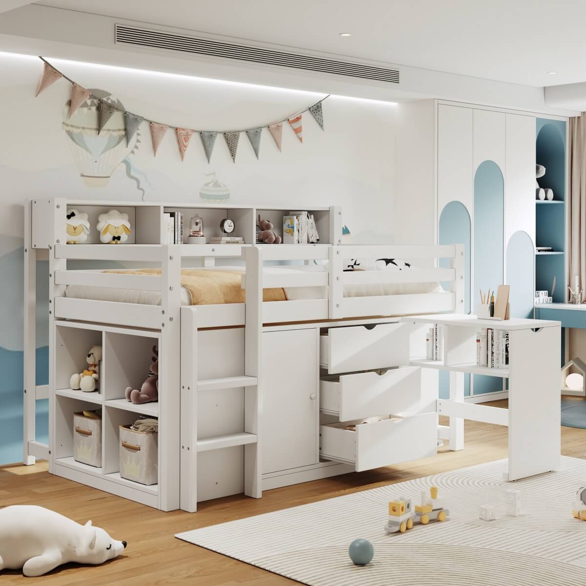 3ft Single Wooden Storage Bed - Space Saving Bed Frame with Pull-Out Desk, Drawers & Headboard Shelves, White