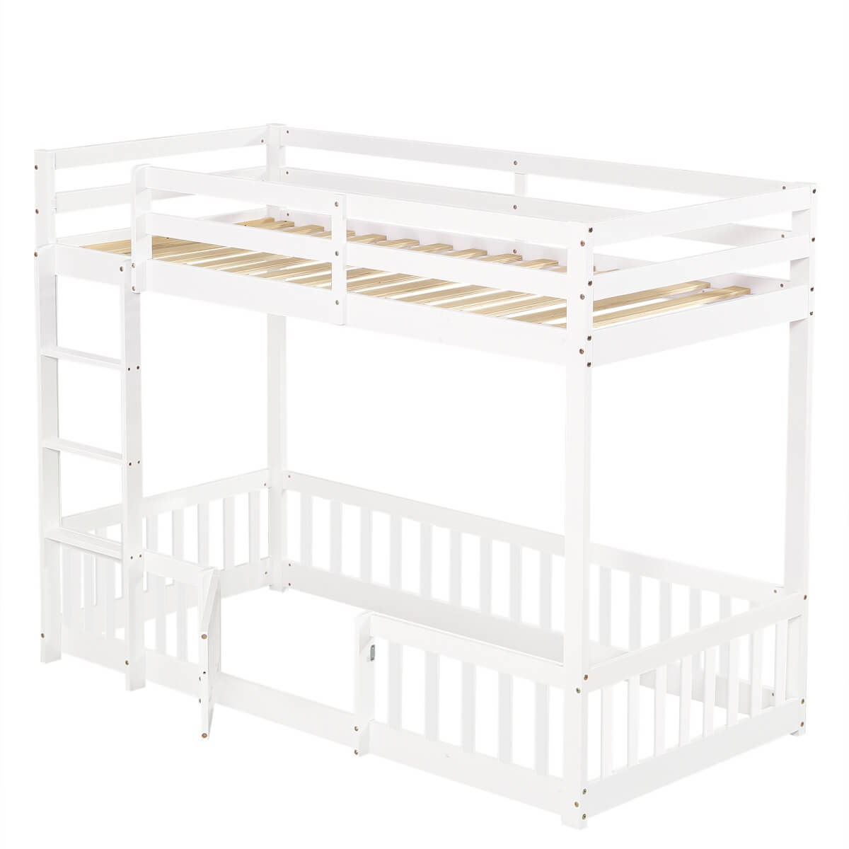 3ft White Solid Wood Bunk Bed — Children's Bed with Safety Rails, Fences & Door
