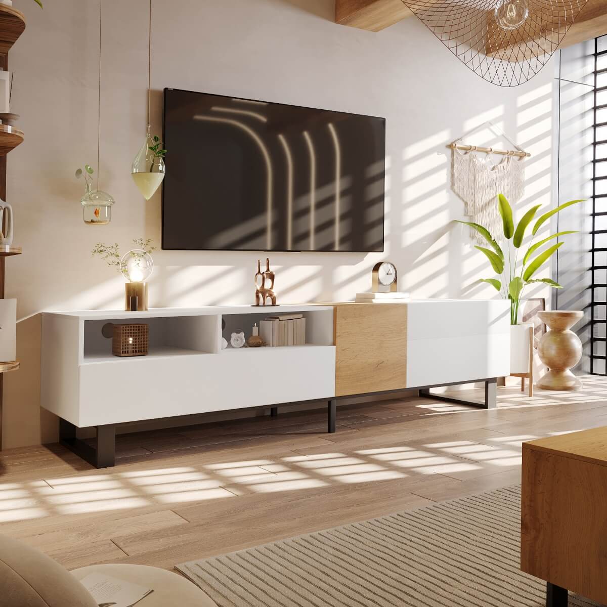 180cm TV Unit with Storage - Modern White & Wood Effect Media Cabinet