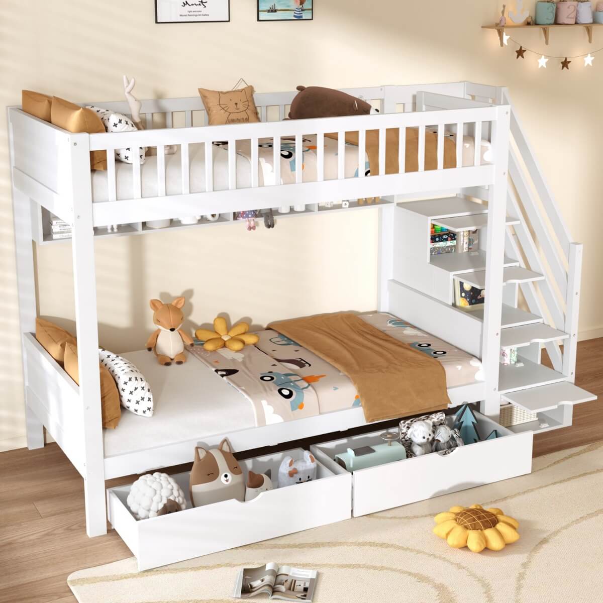 3ft Single Loft Bed with Storage - Solid Wood Cabin Bed with Stairs, Drawers & Shelves, White