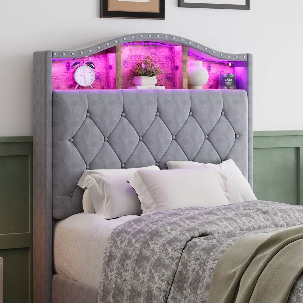 3ft Velvet Upholstered Storage Bed with LED Light Strip - Single Bed with Slatted Base, Grey