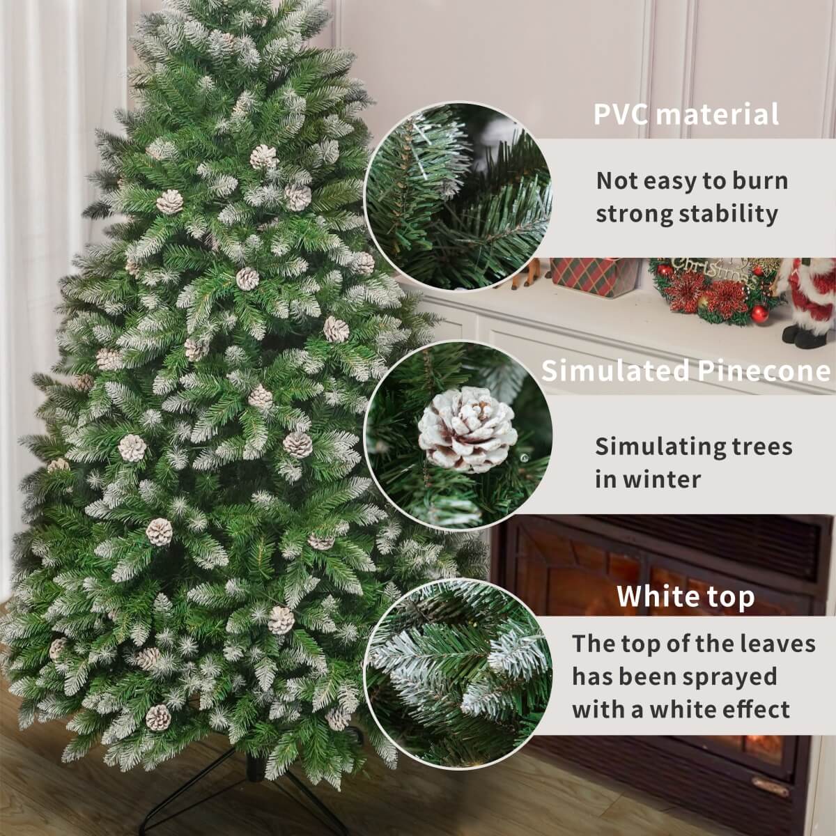 Snow-Flocked Artificial Christmas Tree with Pine Cones - Realistic Green Xmas Tree for Indoor Home Decoration