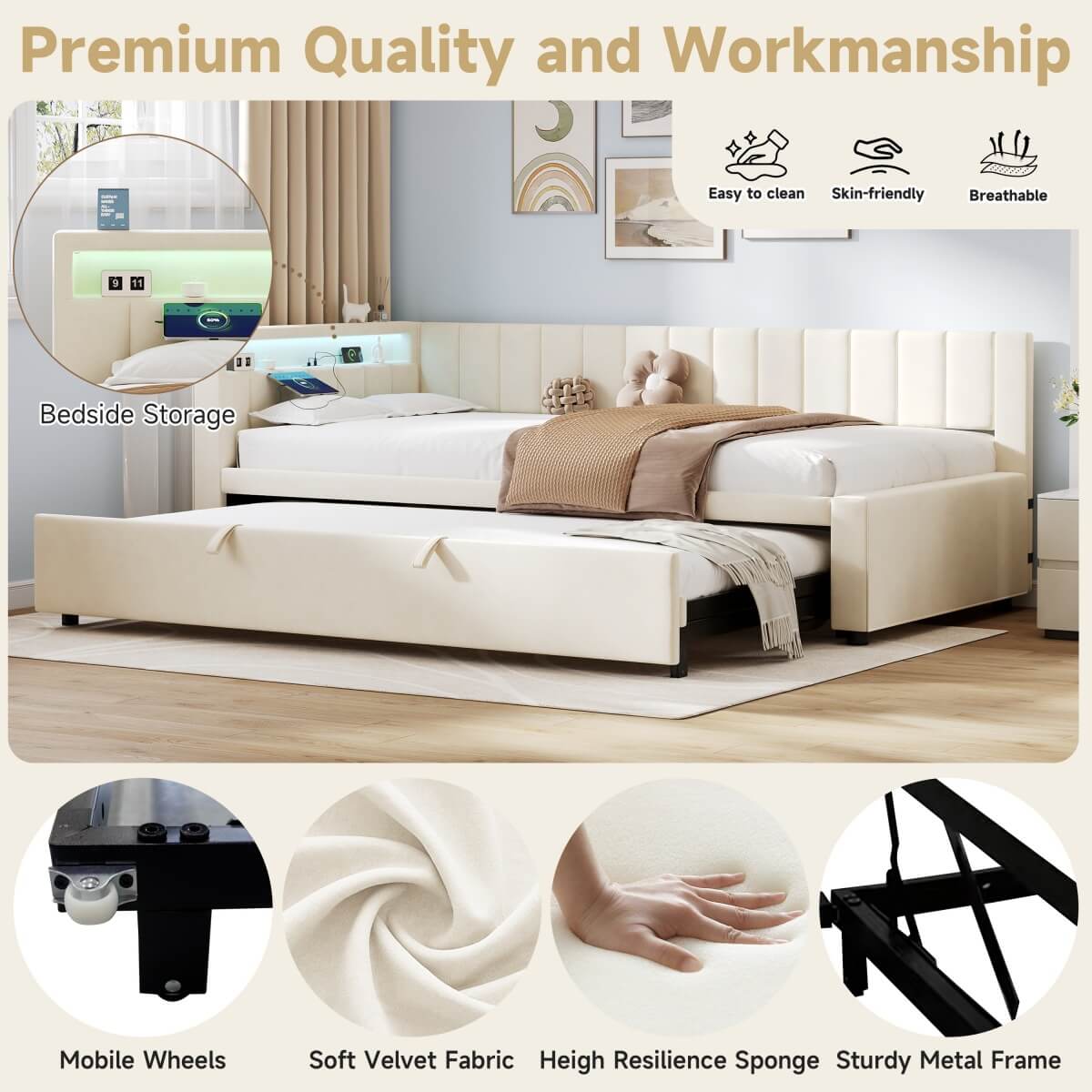 3ft Single Velvet Daybed with Trundle - Reversible Sofa Bed with RGB LED Lights and Charging Station, Beige