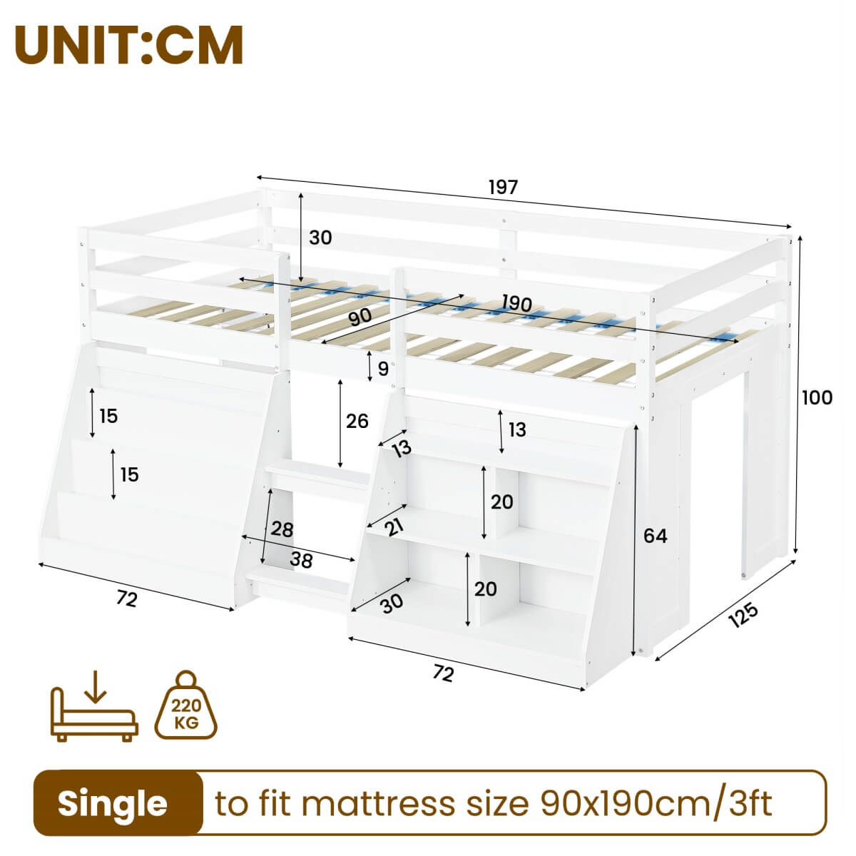 3ft Single Wooden Loft Bed with Stairs - LED Light, Bookcase & Storage Shelves, Underbed Play Space, Safety Guardrail, White