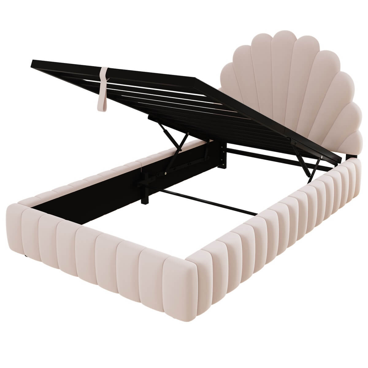 3ft Single Kids Storage Bed - Velvet Princess Bed with Shell-Shaped Padded Headboard & Hydraulic Lift-Up Storage, Pink