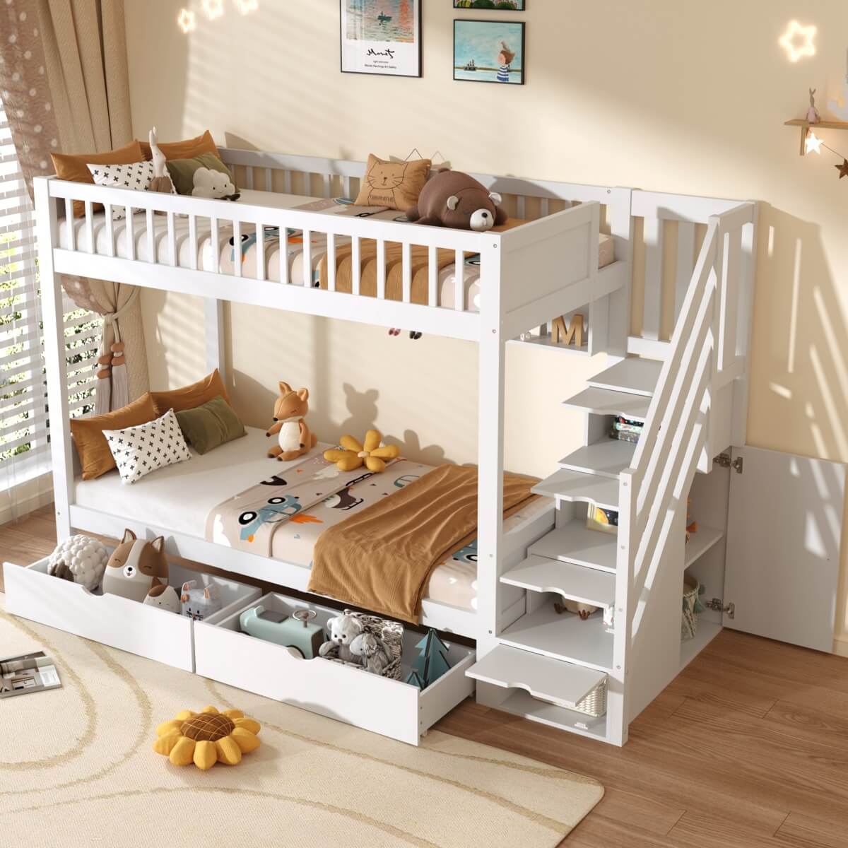 3ft Single Loft Bed with Storage - Solid Wood Cabin Bed with Stairs, Drawers & Shelves, White