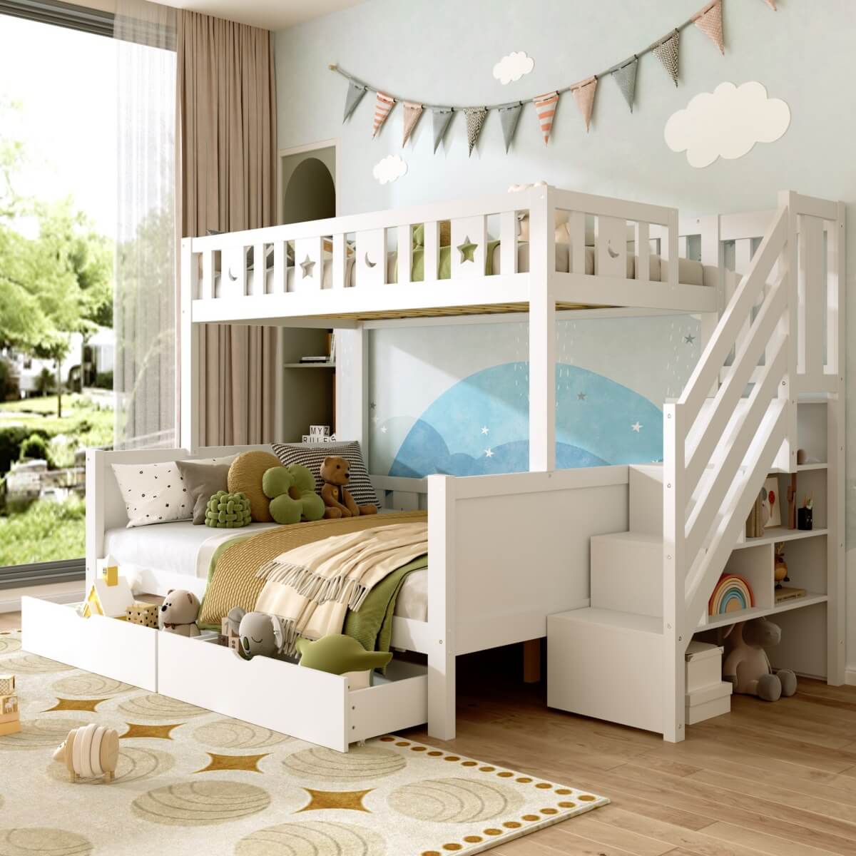Wooden Bunk Bed with Storage Drawers and Stairs - Kids Loft Bed Frame with Guardrails, White