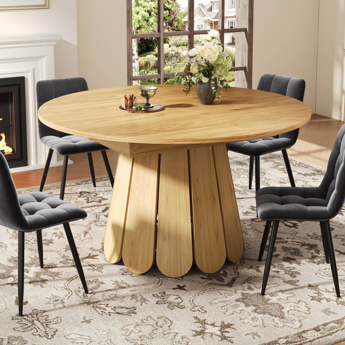Extendable Dining Table – Round to Oval, Seats 6, 118–158cm, Natural Wood