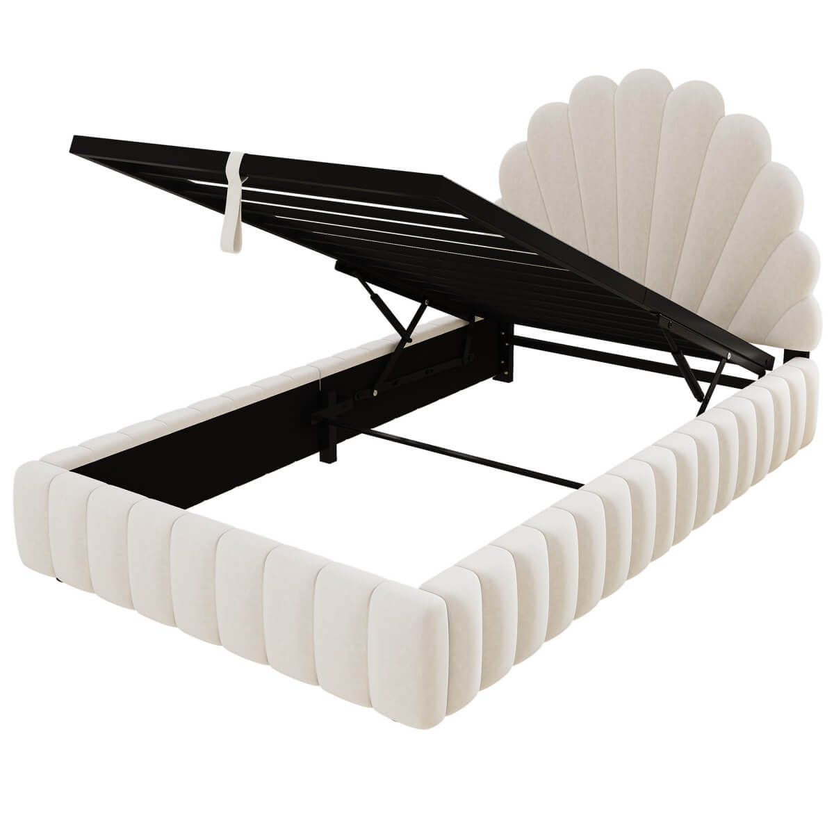 3ft Single Kids Storage Bed - Velvet Princess Bed with Shell-Shaped Padded Headboard & Hydraulic Lift-Up Storage, Beige