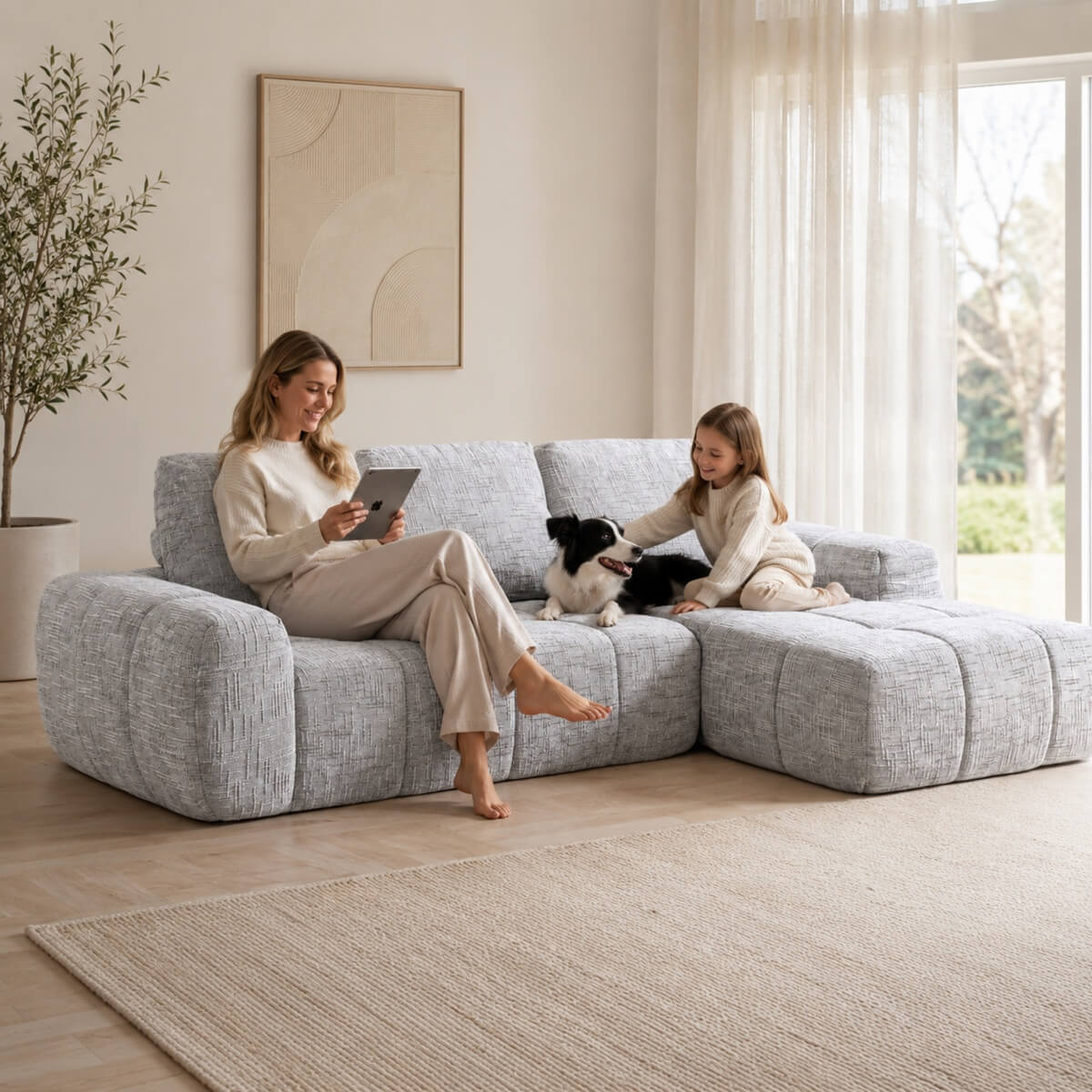 SOFTY Compressed Sectional Sofa with Chaise (Textured Line Design)